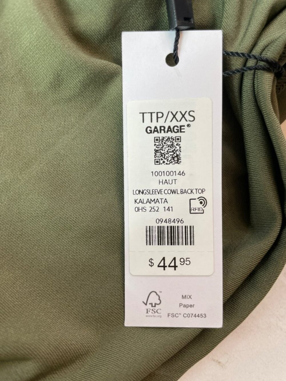 Garage Long Sleeve Cowl Back Top Kalamata Green Women's Size TTP/XXS MSRP$45 NWT - Picture 5 of 8